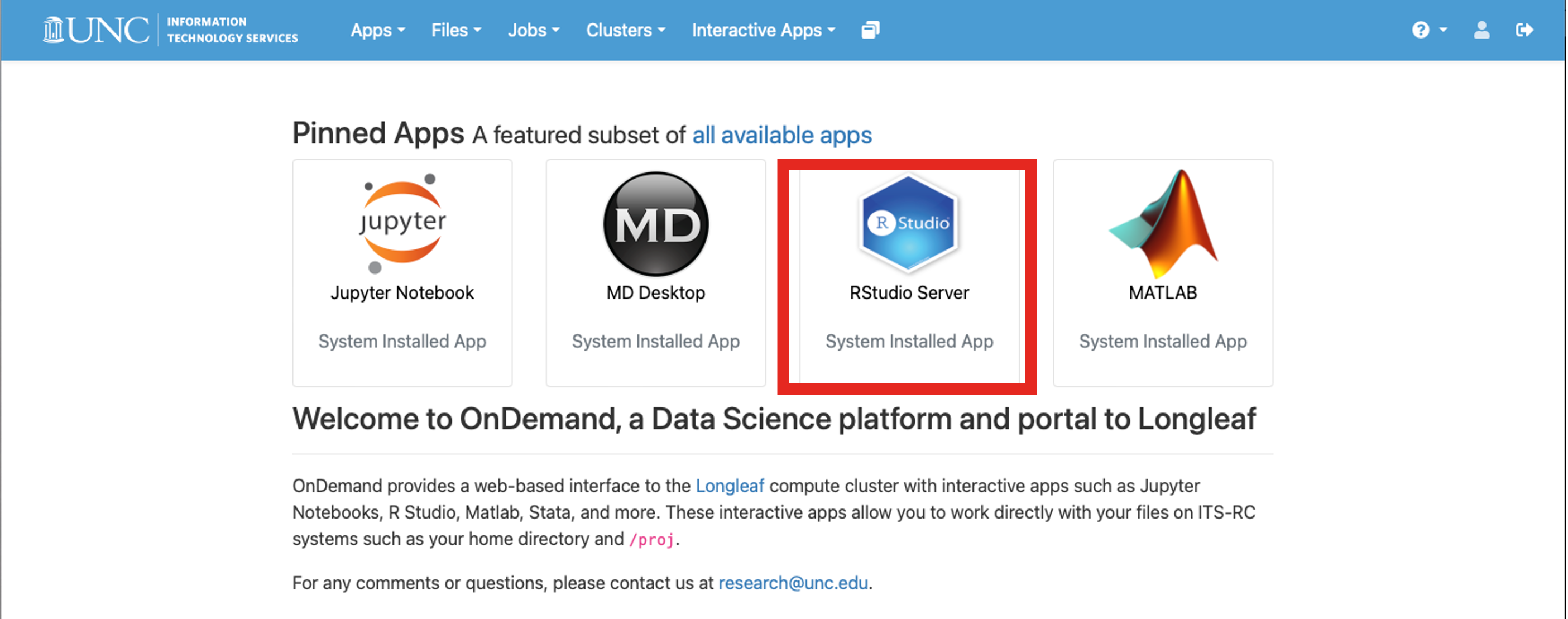 screenshot of the OnDemand home page with a red box around the RStudio Server icon.