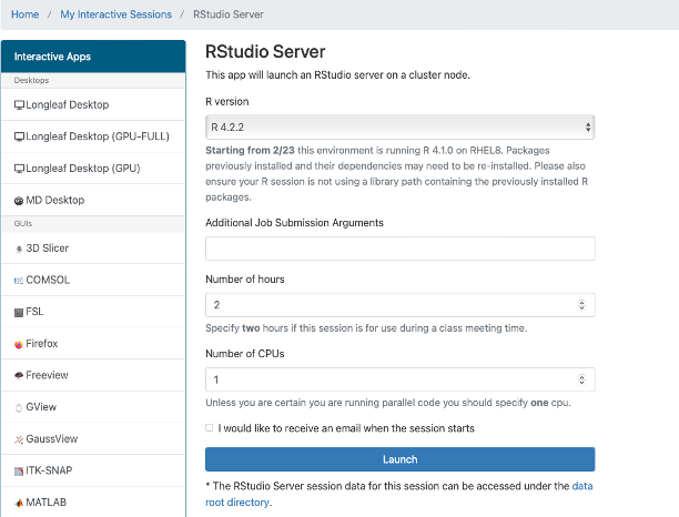 Screenshot of the R Studio Server request page where a user inputs the R version, number of hours, and number of CPUs requested before launching the session.